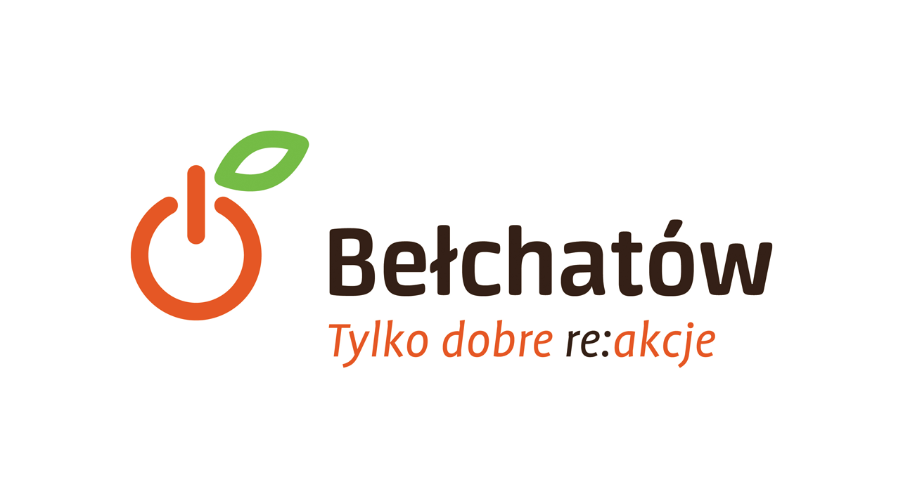grafika przedstawia logotyp Miasta Bełchatów z hasłem "Tylko dobre re:akcje" w kolorze pomarańczowo-czarno-zielonym