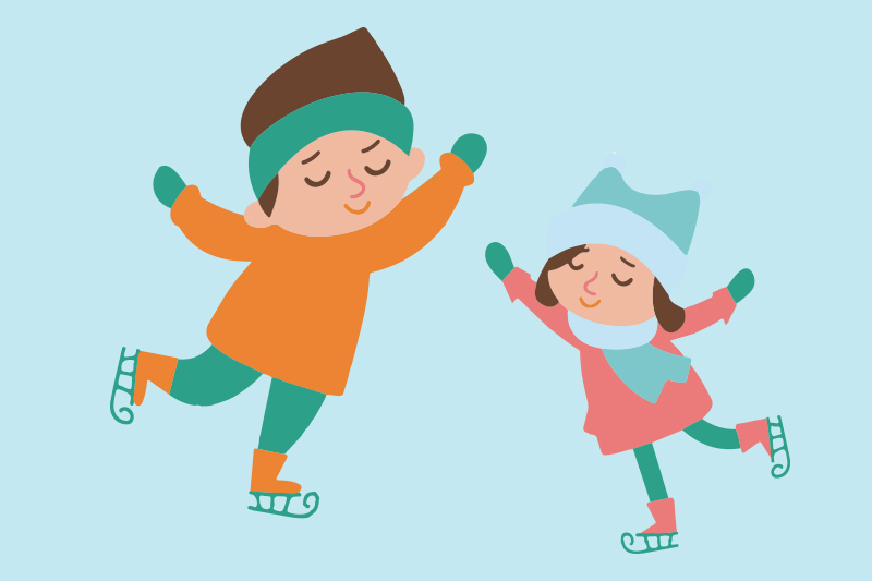 Fragment plakatu z rysunkowymi dziećmi jeżdżącymi na łyżwach