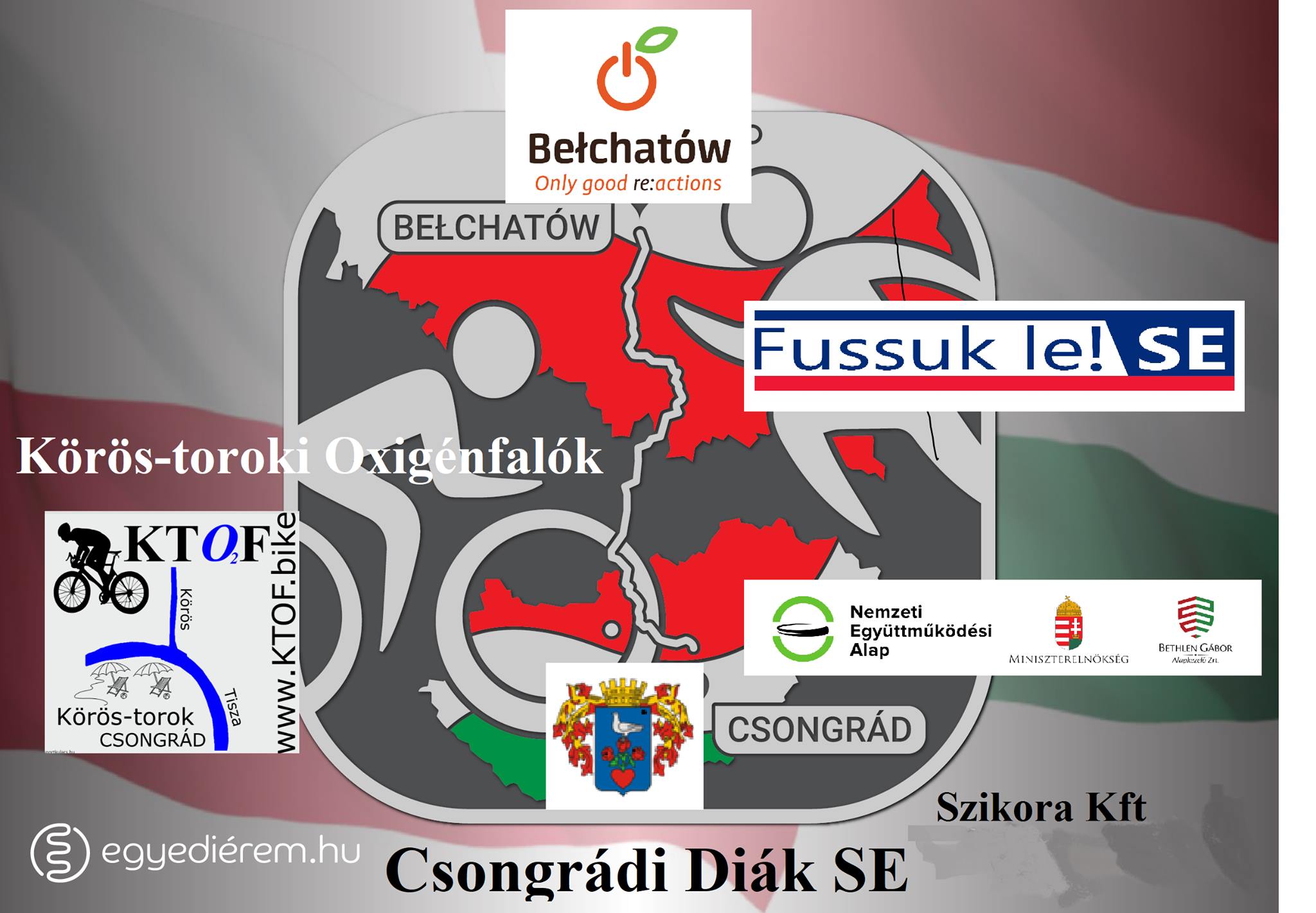 Grafika w języku węgierskim przedstawiająca wydarzenie pn. "Wirtualna Sztafeta Miast Partnerskich Bełchatów - Csongrad"