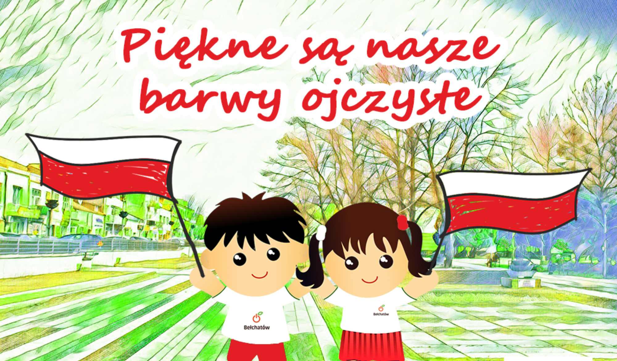 rysunek dwójki dzieci z flagami Polski
