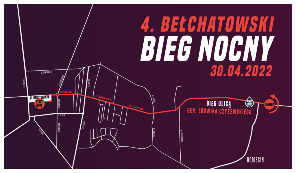 grafika przedstawia mapę trasy 4. Bełchatowskiego Biegu Nocnego, który odbędzie się w sobotę, 30 kwietnia 2022 roku na terenie miasta Bełchatowa