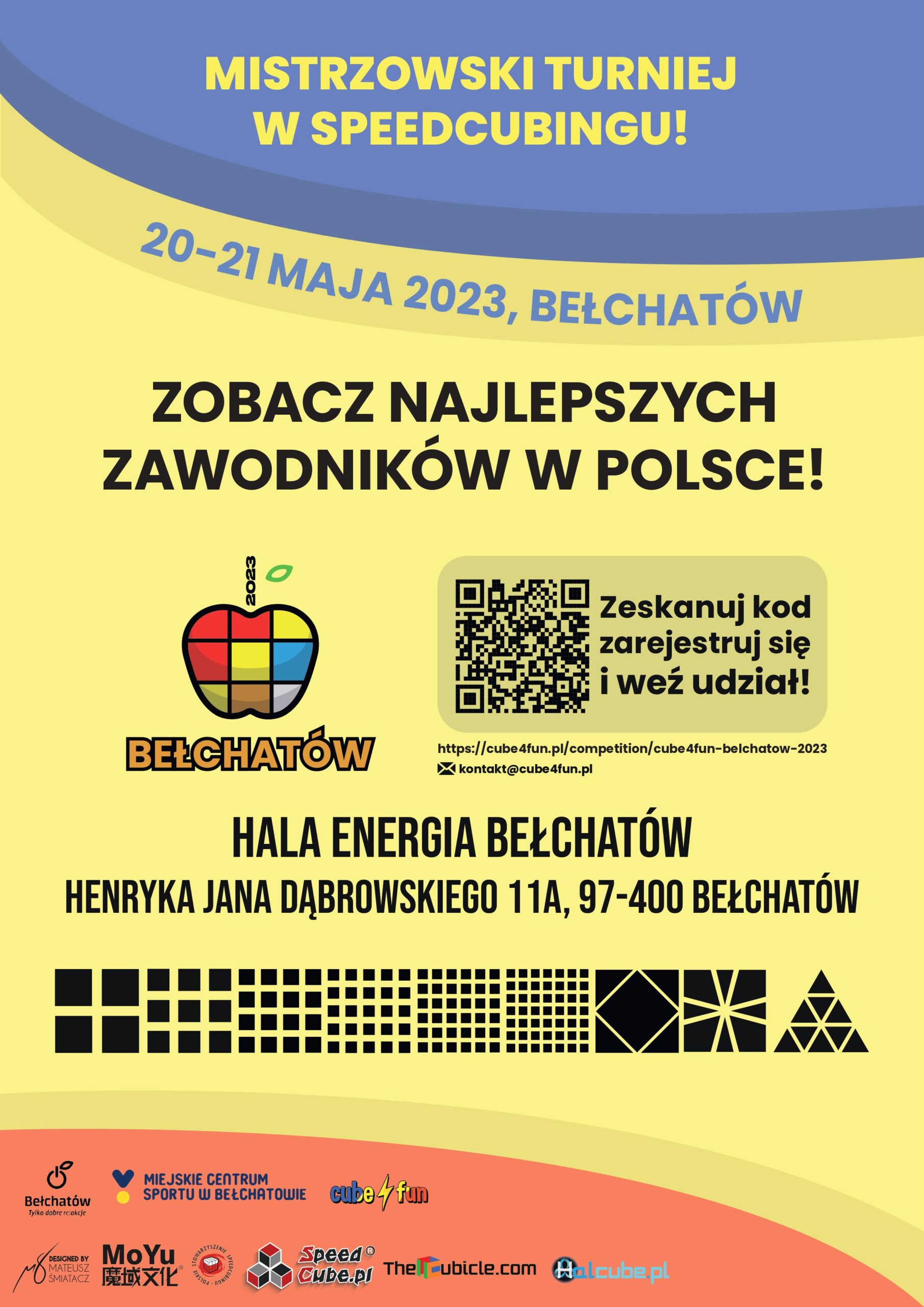 plakat przedstawia szczegóły dotyczące imprezy sportowej pn. "CUBE4FUN IN BEŁCHATÓW 2023"