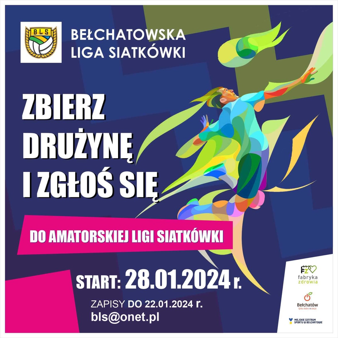 grafika z plakatem promującym rozgrywki Bełchatowskiej Ligi Siatkówki 2024